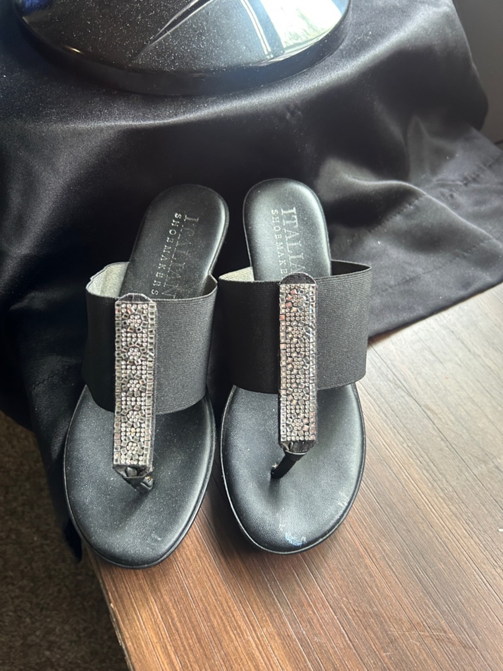 Italian Shoemakers Black Jeweled T-Strap Slide Sandals